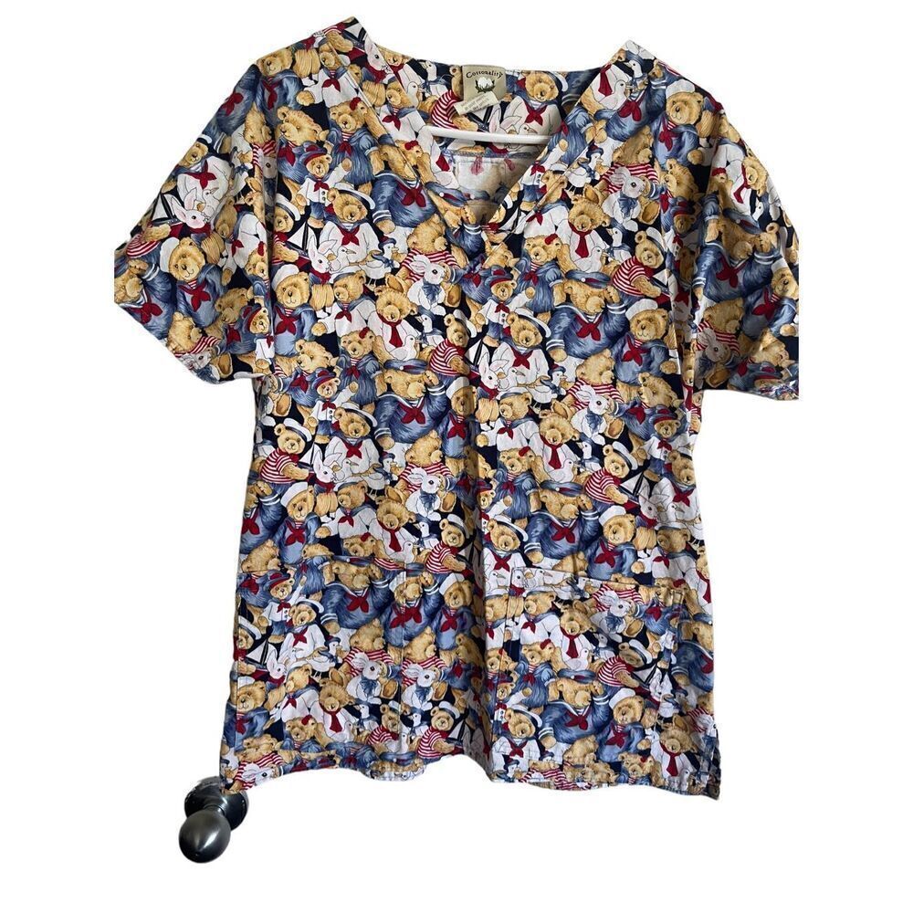 Cottonality Womens Multicolor Teddy Bears Print V-Neck Short Sleeve Scrub Medium